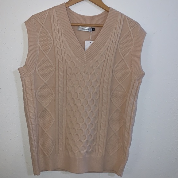 Risesun Women's Cable Knit Oversized Cropped Argyle Sweater Vest V-Neck New Tag - Picture 5 of 8